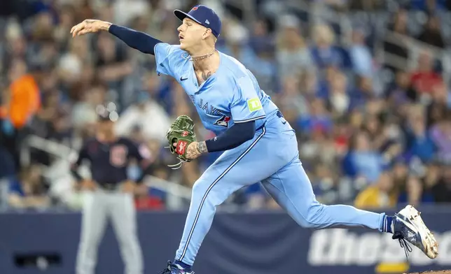 Toronto Blue Jays pitcher Bowden Francis pitches to the Cleveland Guardians during the first inning of a baseball game in Toronto, Sunday, May 4, 2025. (Frank Gunn/The Canadian Press via AP)