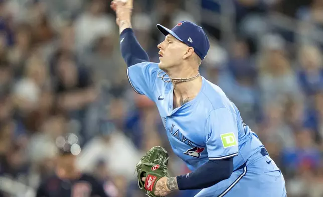 Toronto Blue Jays pitcher Bowden Francis pitches to the Cleveland Guardians during the first inning of a baseball game in Toronto, Sunday, May 4, 2025. (Frank Gunn/The Canadian Press via AP)