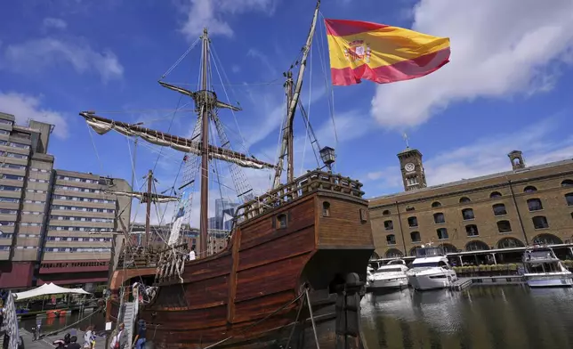 The 93ft Nao Santa Maria a replica of the boat sailed on by Christopher Columbus, anchored at St Katharine Docks in London, Thursday, May 29, 2025, open to visitors from May 29 until June 8. (AP Photo/Kirsty Wigglesworth)