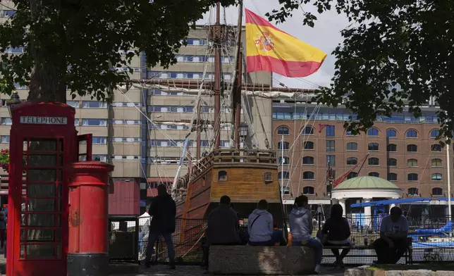 The 93ft Nao Santa Maria a replica of the boat sailed on by Christopher Columbus, anchored at St Katharine Docks in London, Thursday, May 29, 2025, open to visitors from May 29 until June 8. (AP Photo/Kirsty Wigglesworth)