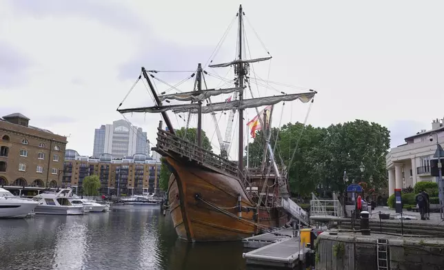 The 93ft Nao Santa Maria a replica of the boat sailed on by Christopher Columbus, anchored at St Katharine Docks in London, Thursday, May 29, 2025, open to visitors from May 29 until June 8. (AP Photo/Kirsty Wigglesworth)