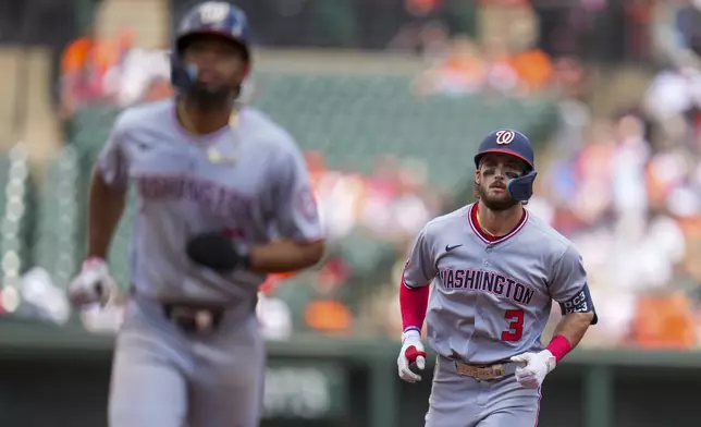 Washington Nationals' Dylan Crews, right, runs behind José Tena while running the bases after hitting a three-run home run off Baltimore Orioles starting pitcher Zach Eflin during the second inning of a baseball game Sunday, May 18, 2025, in Baltimore. (AP Photo/Julio Cortez)