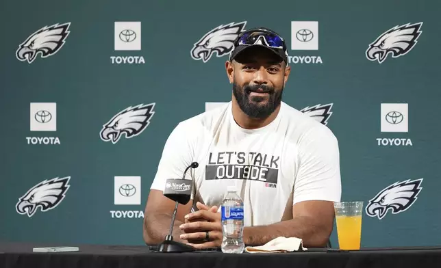 Philadelphia Eagles' Jordan Mailata speaks during a news conference at the NFL football team's training facility, Tuesday, May 20, 2025, in Philadelphia. (AP Photo/Matt Slocum)