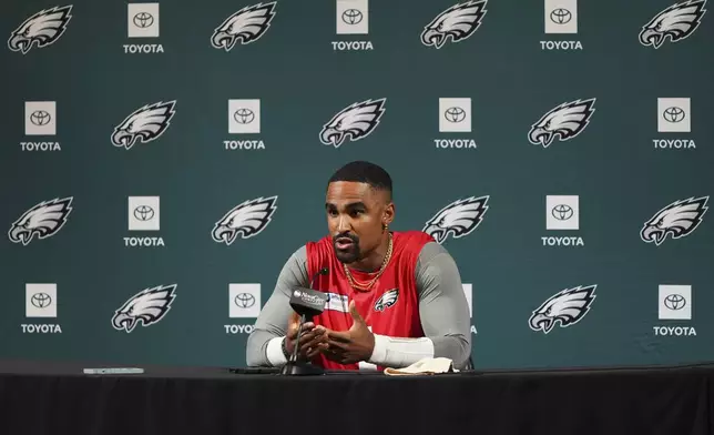 Philadelphia Eagles' Jalen Hurts speaks during a news conference at the NFL football team's training facility, Tuesday, May 20, 2025, in Philadelphia. (AP Photo/Matt Slocum)