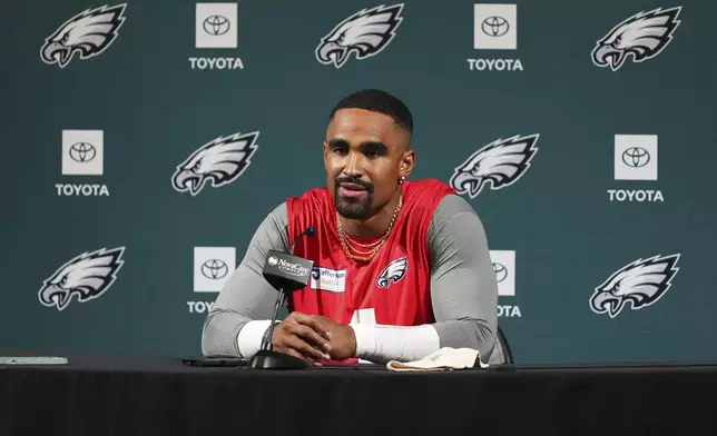 Philadelphia Eagles' Jalen Hurts speaks during a news conference at the NFL football team's training facility, Tuesday, May 20, 2025, in Philadelphia. (AP Photo/Matt Slocum)