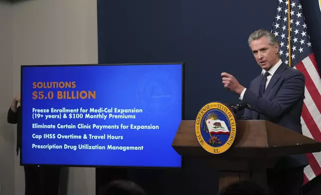 FILE - Calif. Gov. Gavin Newsom presents his revised 2025-2026 state budget during a news conference in Sacramento, Calif., May 14, 2025. (AP Photo/Rich Pedroncelli, file)