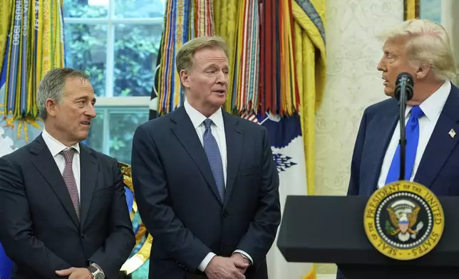 President Donald Trump, from right, speaks NFL Commissioner Roger Goodell and Washington Commanders owner Josh Harris listen during an event to announce that the 2027 NFL Draft will be held on the National Mall, in the Oval Office of the White House, Monday, May 5, 2025, in Washington. (AP Photo/Alex Brandon)
