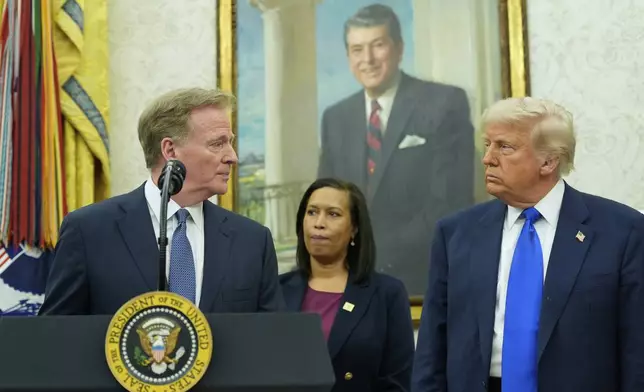 NFL Commissioner Roger Goodell, from left, speaks as District of Columbia Mayor Muriel Bowser and President Donald Trump listen during an event to announce that the 2027 NFL Draft will be held on the National Mall, in the Oval Office of the White House, Monday, May 5, 2025, in Washington. (AP Photo/Alex Brandon)