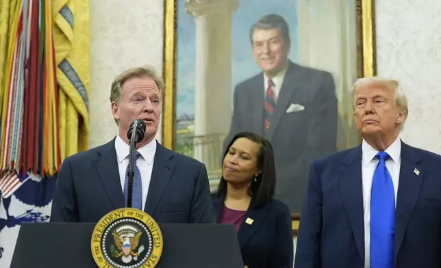 NFL Commissioner Roger Goodell, from left, speaks as District of Columbia Mayor Muriel Bowser and President Donald Trump listen during an event to announce that the 2027 NFL Draft will be held on the National Mall, in the Oval Office of the White House, Monday, May 5, 2025, in Washington. (AP Photo/Alex Brandon)