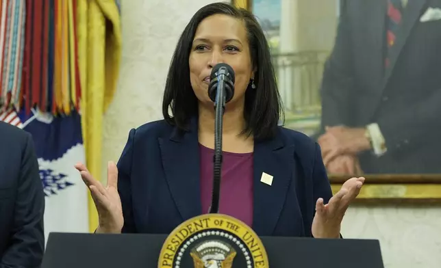 District of Columbia Mayor Muriel Bowser speaks during an event where President Donald Trump announces that the 2027 NFL Draft will be held on the National Mall, in the Oval Office of the White House, Monday, May 5, 2025, in Washington. (AP Photo/Alex Brandon)