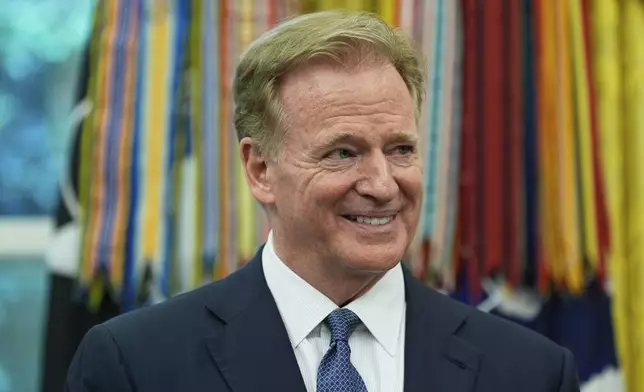 NFL Commissioner Roger Goodell listens as President Donald Trump speaks during an event to announce that the 2027 NFL Draft will be held on the National Mall, in the Oval Office of the White House, Monday, May 5, 2025, in Washington. (AP Photo/Alex Brandon)