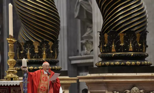Cardinal Giovanni Battista Re celebrates a final Mass with cardinals inside St. Peter's Basilica, before the conclave to elect a new pope, at the Vatican, Wednesday, May 7, 2025. (AP Photo/Gregorio Borgia)