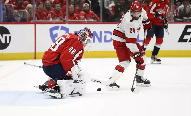 Washington Capitals goaltender Logan Thompson (48) tracks the puck against Carolina Hurricanes center Seth Jarvis (24) in the second period of Game 5 of a second-round NHL hockey playoff series Thursday, May 15, 2025, in Washington. (AP Photo/Nick Wass)
