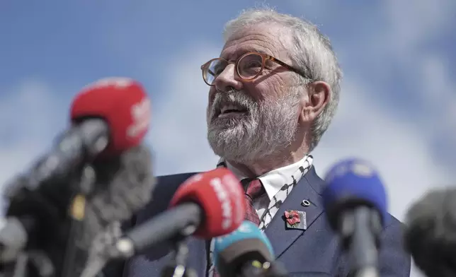 Former Sinn Fein president Gerry Adams outside the High Court in Dublin, Friday, May 30, 2025, after he was awarded 100,000 euro (£84,000) in damages after winning his libel action against the BBC. (Brian Lawless/PA via AP)