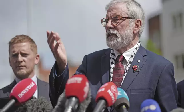 Former Sinn Fein president Gerry Adams outside the High Court in Dublin, Friday, May 30, 2025, after he was awarded 100,000 euro (£84,000) in damages after winning his libel action against the BBC. (Brian Lawless/PA via AP)