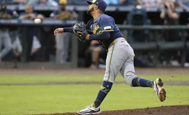 Milwaukee Brewers' Grant Anderson pitches to the Tampa Bay Rays during the ninth inning of a baseball game Saturday, May 10, 2025, in Tampa, Fla. (AP Photo/Chris O'Meara)