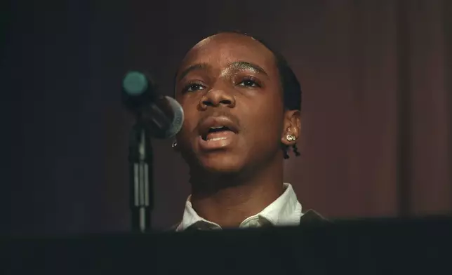 A student and activist speaks during a Town Hall and voter registration for school board elections at the Bethany Baptist Church, Saturday, Feb. 1, 2025, in Newark, N.J. (AP Photo/Andres Kudacki)