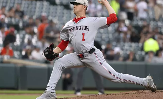 Washington Nationals pitcher MacKenzie Gore throws during the first inning of a baseball game against the Baltimore Orioles, Friday, May 16, 2025, in Baltimore (AP Photo/Daniel Kucin Jr.)