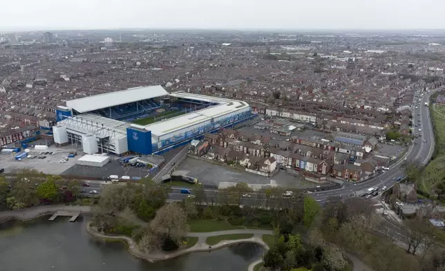 FILE - Everton's Goodison Park Stadium is seen in Liverpool, England, Wednesday, April 21, 2021. (AP Photo/Jon Super, File)