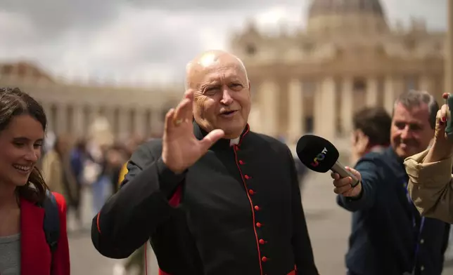 Cardinal Ladislav Nemet talks to journalists, on Monday, May 5, 2025, after attending the General Congregation of cardinals in the New Synod Hall where they are preparing for the upcoming conclave starting on May 7, to elect the 267th Roman pontiff. (AP Photo/Francisco Seco)