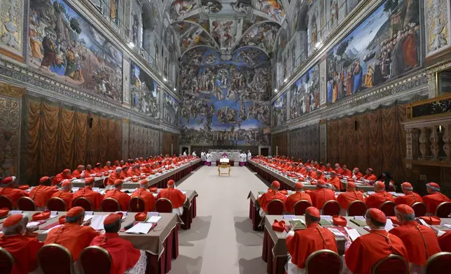 Cardinals attend the first day of the conclave to elect the successor of late Pope Francis inside the Sistine Chapel at the Vatican, Wednesday, May 7, 2025. (Vatican Media via AP)