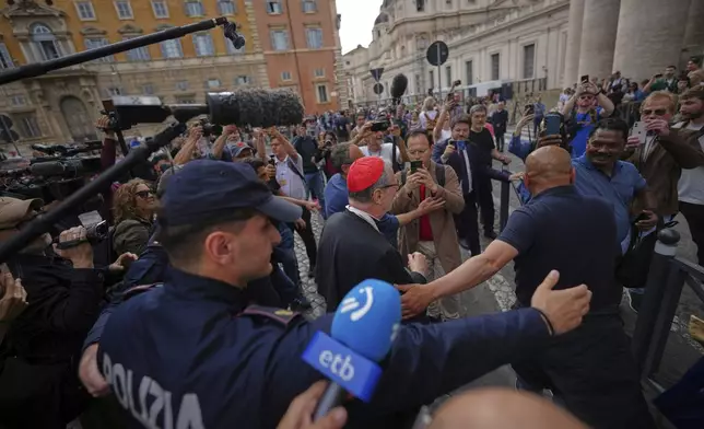 Cardinal Claudio Gugerotti arrives at the Vatican, Monday, May 5, 2025, to attend the General Congregation of cardinals in the New Synod Hall where they are preparing for the upcoming conclave starting on May 7, to elect the 267th Roman pontiff. (AP Photo/Andrew Medichini)