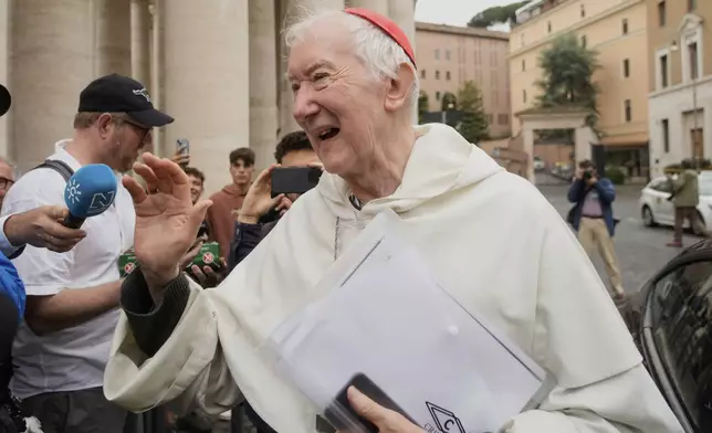 Cardinal Timothy Peter Joseph Radcliffe arrives at the Vatican, Monday, May 5, 2025, to attend the General Congregation of cardinals in the New Synod Hall where they are preparing for the upcoming conclave starting on May 7, to elect the 267th Roman pontiff. (AP Photo/Gregorio Borgia)