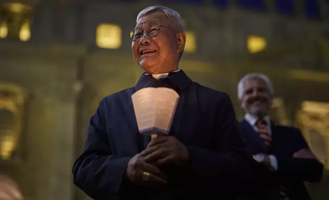 Cardinal Lazarus You Heung-sik before attending a rosary prayer and a candlelight procession with the image of Mater Ecclesiae in St. Peter's Square at the Vatican, Saturday, May 3, 2025. (AP Photo/Bernat Armangue)