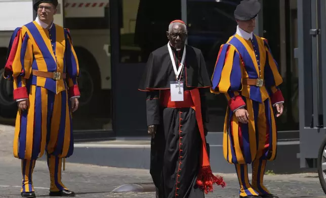 Cardinal Robert Sarah arrives at the Vatican, Friday, May 2, 2025, to attend the General Congregation of cardinals in the New Synod Hall where they are preparing for the upcoming conclave starting on May 7, to elect the 267th Roman pontiff. (AP Photo/Gregorio Borgia)