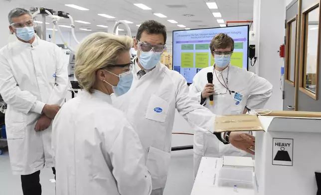 FILE - European Commission President Ursula von der Leyen, second left, speaks with Pfizer CEO Albert Bourla, center right, during an official visit to the Pfizer pharmaceutical company in Puurs, Belgium, Friday, April 23, 2021. (John Thys, Pool via AP, File)