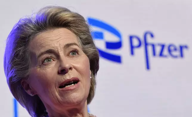 FILE - European Commission President Ursula von der Leyen makes a statement during an official visit to the Pfizer pharmaceutical company in Puurs, Belgium, Friday, April 23, 2021. (John Thys, Pool via AP, File)