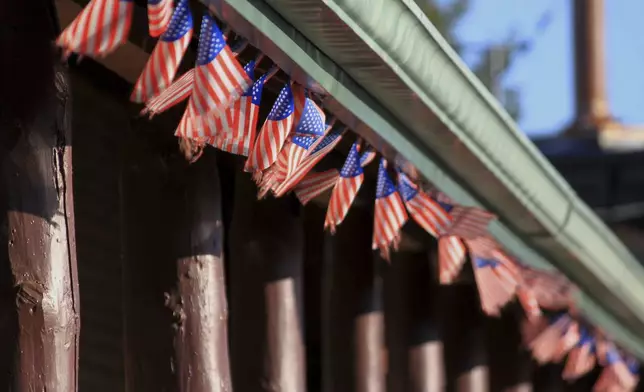 Dozens of tiny American flags line the entrance to the Western Drug and General Store in Springerville, Ariz., Tuesday, April 22, 2025. (AP Photo/Susan Montoya Bryan)