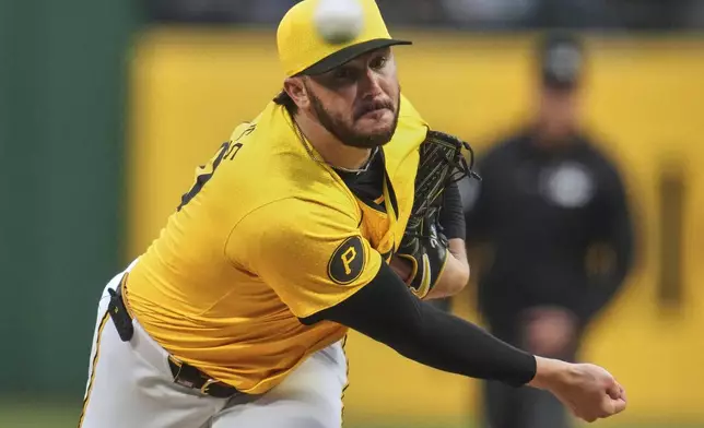 Pittsburgh Pirates pitcher Paul Skenes delivers during the first inning of a baseball game against the Milwaukee Brewers in Pittsburgh, Friday, May 23, 2025. (AP Photo/Gene J. Puskar)