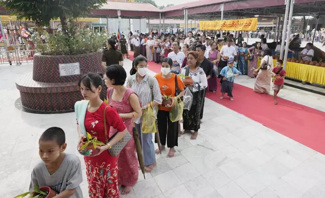 Buddhist devotees line up to pour water to foot of a banyan tree during a religious ceremony to mark the Full Moon day of "Kasone," known as Buddha's Birthday, at Botataung pagoda Sunday, May 11, 2025, in Yangon, Myanmar. (AP Photo/Thein Zaw)