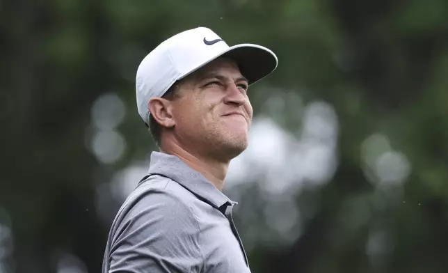 Cameron Champ watches his shot off the ninth tee during the first round of the CJ Cup Byron Nelson golf tournament in McKinney, Texas, Thursday, May 1, 2025. (AP Photo/Gareth Patterson)