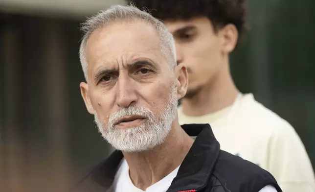 Mahmoud Yousef, grandfather of Wadee Al Fayoumi, who was murdered by Joseph Czuba in 2023, speaks to the media after the sentencing of Czuba outside the Will County Courthouse in Joliet, Ill., Friday, May 2, 2025. (Pat Nabong /Chicago Sun-Times via AP)