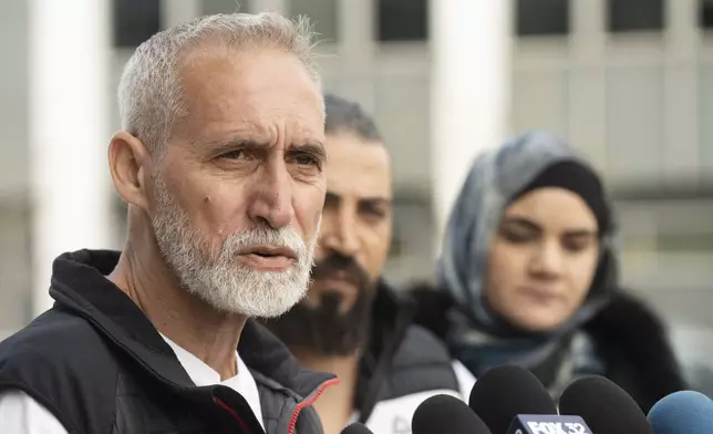 Mahmoud Yousef, grandfather of Wadee Al Fayoumi, who was murdered by Joseph Czuba in 2023, speaks to the media after the sentencing of outside the Will County Courthouse in Joliet, Ill., Friday, May 2, 2025. (Pat Nabong /Chicago Sun-Times via AP)