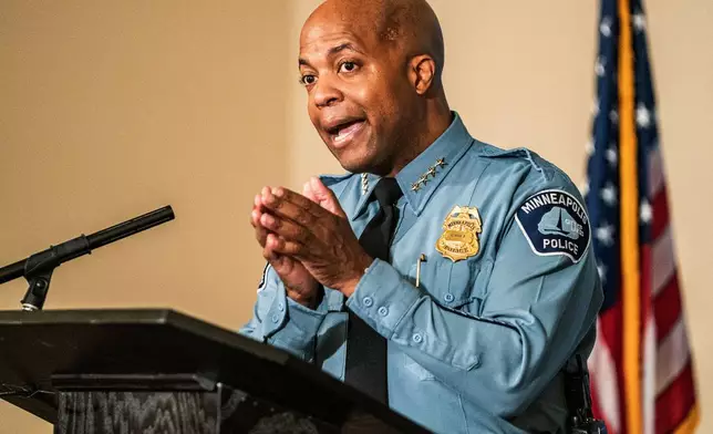 FILE - Medaria Arradondo, chief of the Minneapolis Police Department, speaks during a news conference in Minneapolis on Wednesday, June 10, 2020. (Richard Tsong-Taatarii/Star Tribune via AP)
