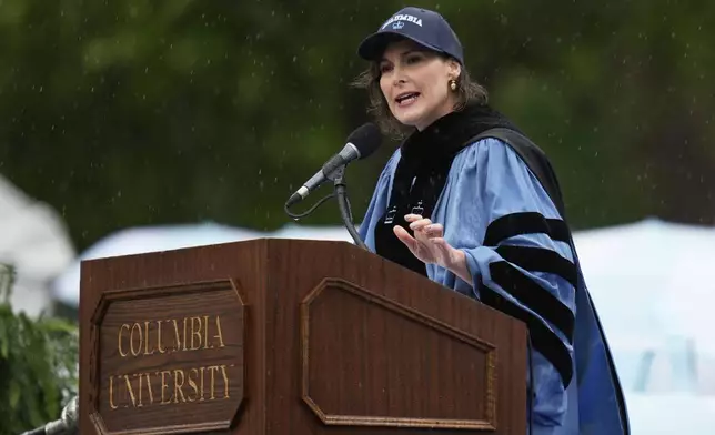 Columbia University's acting president Claire Shipman speaks during Columbia University commencement ceremony on Columbia's main campus, in Manhattan, on Wednesday, May 21, 2025 in New York. (AP Photo/Seth Wenig, Pool)