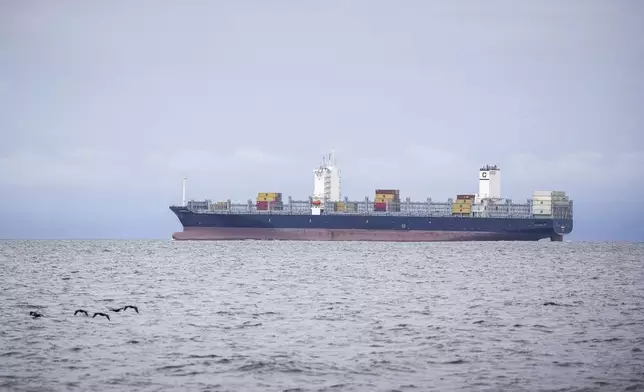 A shipping vessel crosses waters near Channel Islands, Calif., Thursday, May 1, 2025. (AP Photo/Annika Hammerschlag)