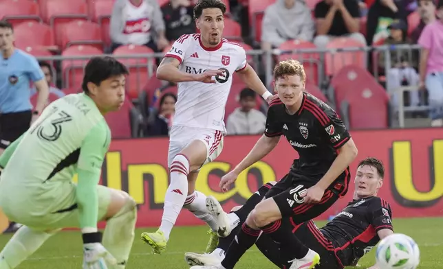 Toronto FC forward Theo Corbeanu, second from left, watches his pass as D.C. United goalkeeper Luis Barraza (13), defender Kye Rowles (15) and defender David Schnegg (28) look on during the second half of an MLS soccer game in Toronto, Saturday, May 10, 2025. (Frank Gunn/The Canadian Press via AP)