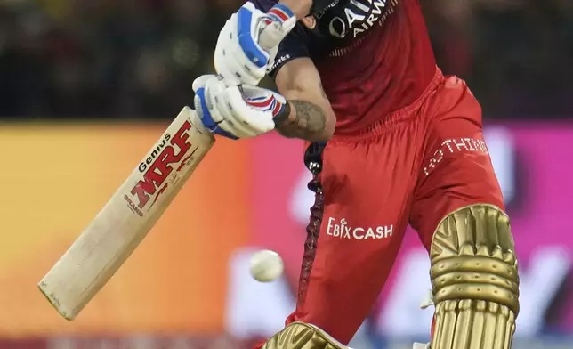 Royal Challengers Bengaluru's Virat Kohli plays a shot during the Indian Premier League cricket match between Royal Challengers Bengaluru and Chennai Super Kings at Chinnaswamy Stadium in Bengaluru, India, Saturday, May 3, 2025. (AP Photo/Aijaz Rahi)