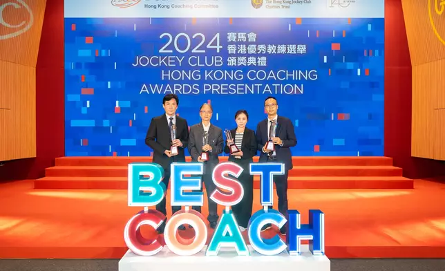 The Coach of the Year Awards were presented to (from left) fencing coach Zheng Kang-zhao, boccia coach Kwok Hart-wing, wushu coach Zheng Tianhui, wheelchair fencing coach Wong Kam-kau, and in absentia, Para badminton (physical disability) coach Chan Yan-kit, table tennis coaches Meng Xianjian and Zhang Rui.