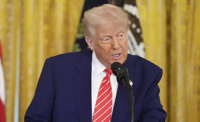 President Donald Trump speaks at an event for Military Mothers, Thursday, May 8, 2025, in the East Room of the White House in Washington. (AP Photo/Jacquelyn Martin)