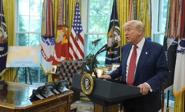 President Donald Trump speaks to reporters after David Perdue was sworn in as U.S. Ambassador to China during a ceremony in the Oval Office of the White House, Wednesday, May 7, 2025, in Washington. (AP Photo/Mark Schiefelbein)