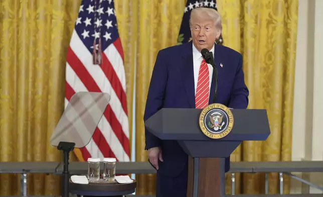 President Donald Trump speaks at an event for Military Mothers, Thursday, May 8, 2025, in the East Room of the White House in Washington. (AP Photo/Jacquelyn Martin)