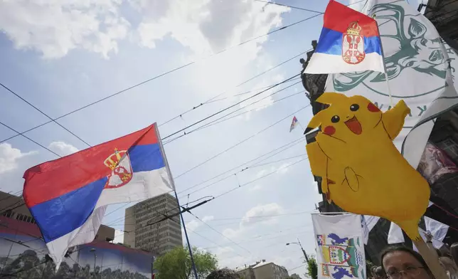 University students and people protest in front of the government building, six months after the deadly train station tragedy that sparked mass demonstrations against corruption, in Belgrade, Serbia, Thursday, May 1, 2025. (AP Photo/Darko Vojinovic)