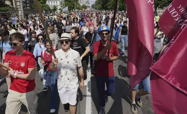 University students and people protest in front of the government building, six months after the deadly train station tragedy that sparked mass demonstrations against corruption, in Belgrade, Serbia, Thursday, May 1, 2025. (AP Photo/Darko Vojinovic)