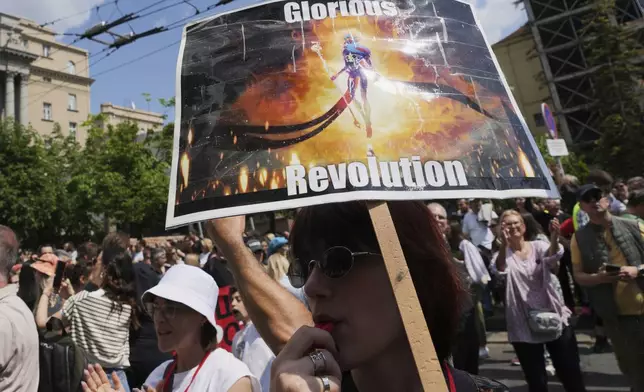 University students and people protest in front of the government building, six months after the deadly train station tragedy that sparked mass demonstrations against corruption, in Belgrade, Serbia, Thursday, May 1, 2025. (AP Photo/Darko Vojinovic)