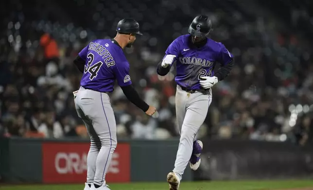 Colorado Rockies' Ryan McMahon (24) celebrates with third base coach Warren Schaeffer after hitting a solo home run during the seventh inning of a baseball game against the San Francisco Giants, Thursday, May 1, 2025, in San Francisco. (AP Photo/Godofredo A. Vásquez)